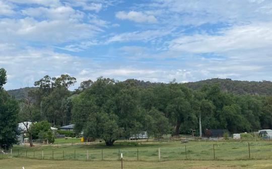 Peaceful rural scene with a view of distant hills and lush greenery under a cloudy sky
