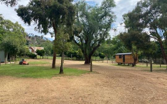 Rustic tiny house on wheels parked in a tranquil park at Eldorado, surrounded by mature trees